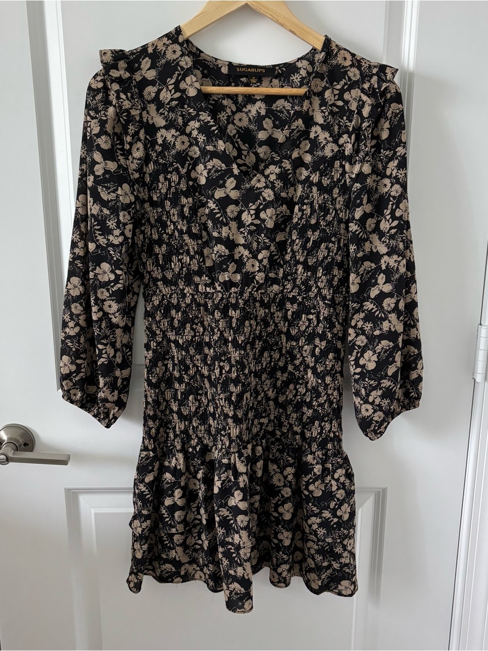 Sugarlips Black Floral Smocked V-Neck Mini Dress Size M - Picture 2 of 7